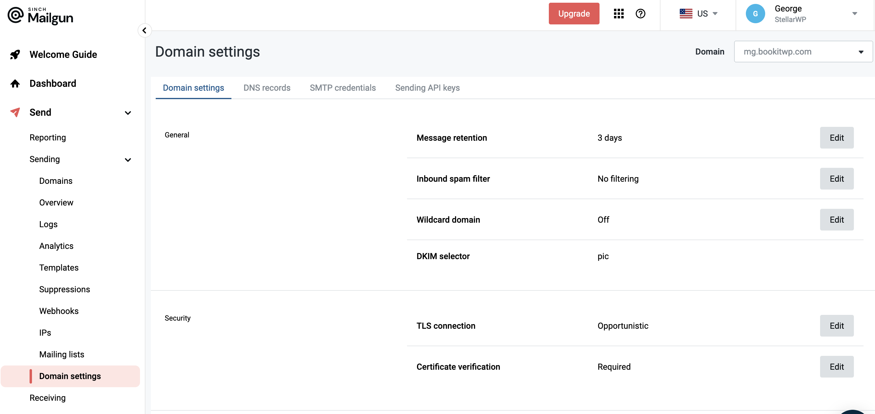 The domain settings page in Mailgun The domain settings page in Mailgun