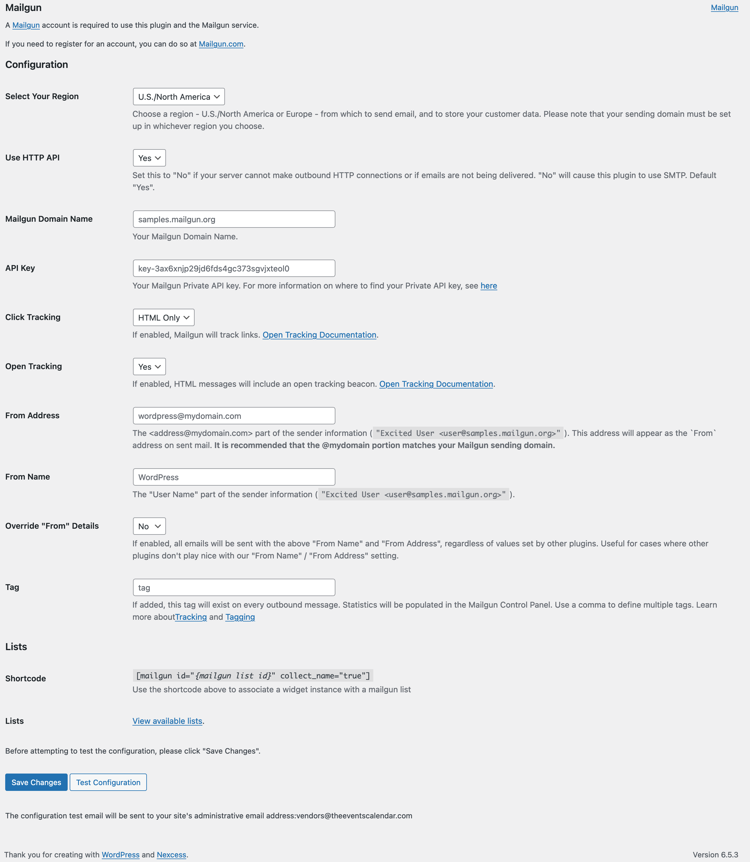 The Mailgun plugin settings page The Mailgun plugin settings page