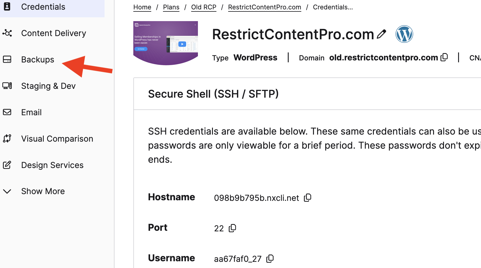 The Backups tab in the Nexcess Client Portal Nexcess backups tab location